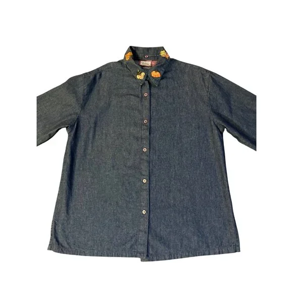 Vintage 90s Premier International Denim Blouse Womens M Removable Collar Pumpkin - Picture 14 of 16